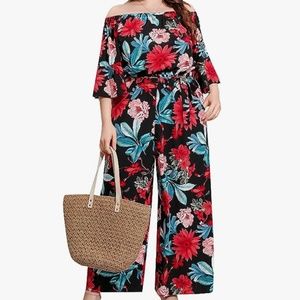 Women's Summer Floral Off Shoulder Jumpsuit - Large